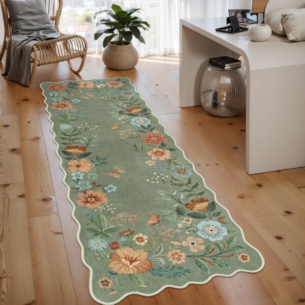 Lahome Floral Runners for Hallways, 2X6 Kitchen Runner Rug Ultra-Thin Soft, Non-Slip Hallway Rug Stain Resistant Boho Low-Pile Carpet for Laundry Bathroom Bedroom Flore (2x6ft,Green)