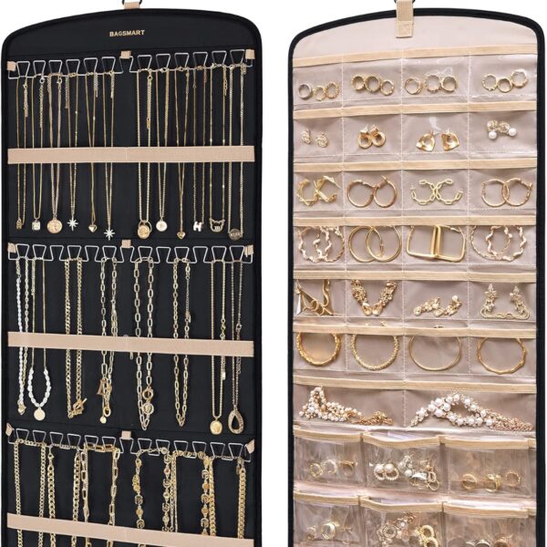 BAGSMART Hanging Jewelry Organizer, Necklace Holder Anti-tangle Earrings Rings Hanger with 20 Jewelry Bags Travel Storage Roll with Pockets Hang on Closet, Wall, Door,1 Piece, Large, Black