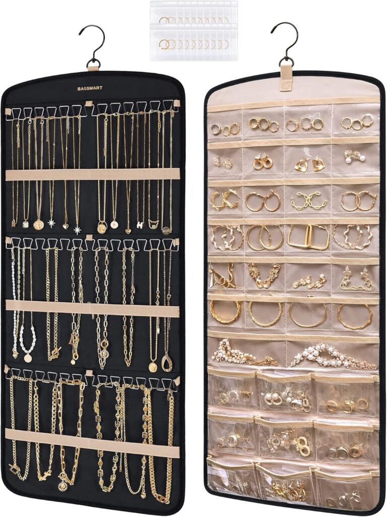 BAGSMART Hanging Jewelry Organizer, Necklace Holder Anti-tangle Earrings Rings Hanger with 20 Jewelry Bags Travel Storage Roll with Pockets Hang on Closet, Wall, Door,1 Piece, Large, Black