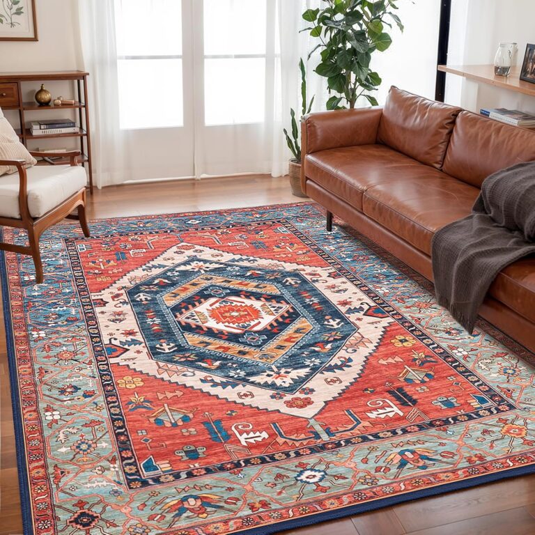 SERISSA Washable Rug 5x7 Boho Area Rugs, Washable Large Rugs for Living Room, Ultra Soft Non-Slip Rust Rug Print Distressed Vintage Farmhouse Carpet for Bedroom Dining Room Dorm Office Home Decor