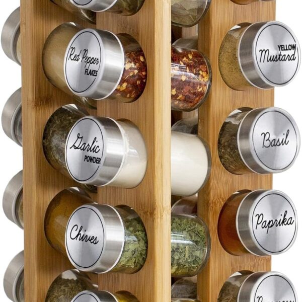 Orii 20 Jar Rotating Bamboo Spice Rack with Spices Included & 5-Year Free Spice Refill Program  Revolving Countertop Spice Rack with Glass Jars