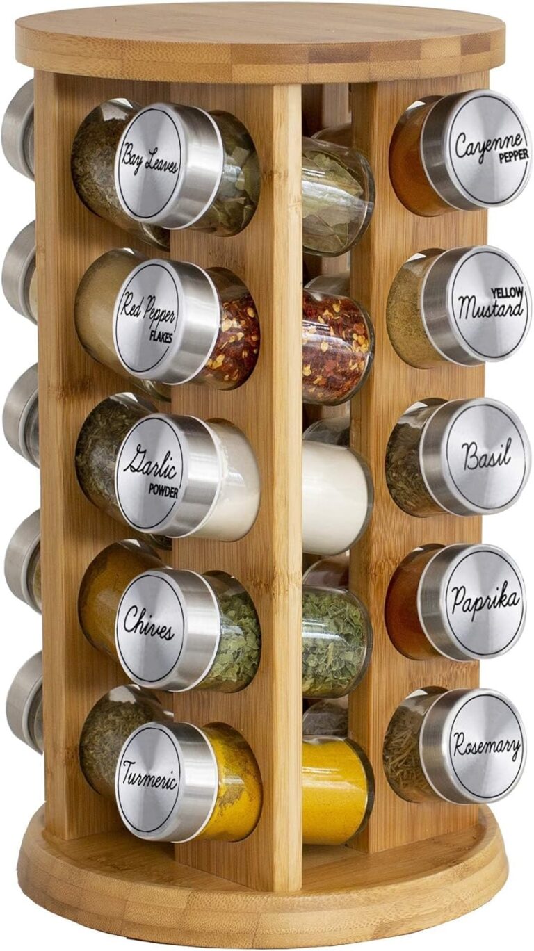 Orii 20 Jar Rotating Bamboo Spice Rack with Spices Included & 5-Year Free Spice Refill Program  Revolving Countertop Spice Rack with Glass Jars