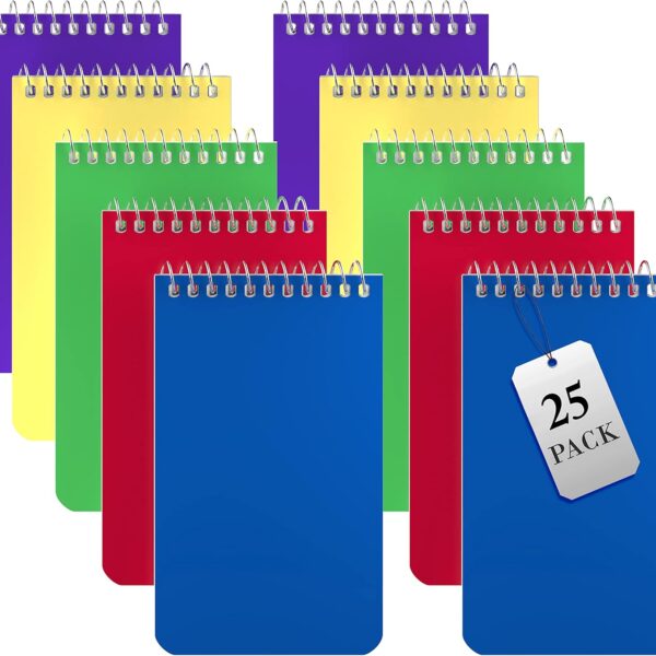 Alitte Small Notebooks, Spiral Notepads 3x5 - (Bulk Pack of 25) Pocket Notebook, Memo Pads For Home, Office, College, School - Lined College Ruled Paper - 5 Colored Notebooks, 75 Sheets Per Notebook