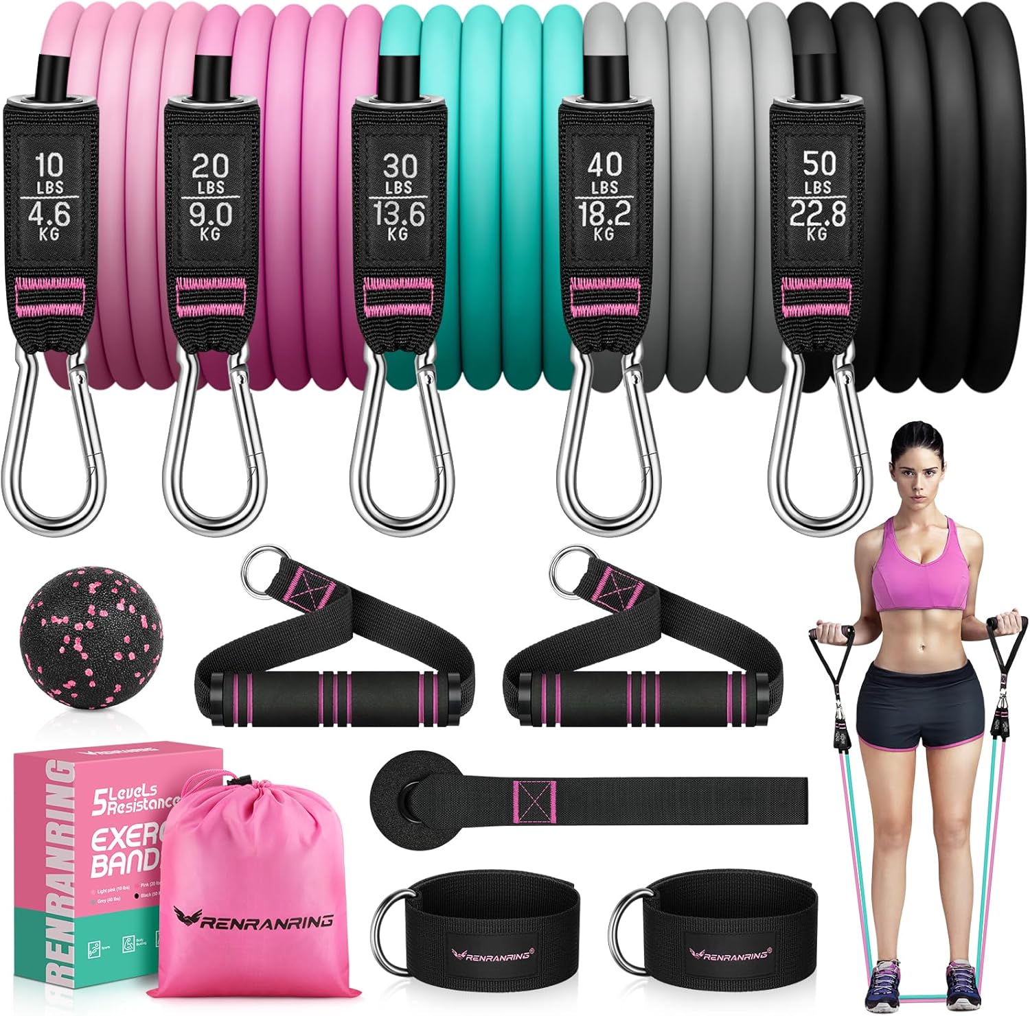 RENRANRING Resistance Bands for Working Out, 150LBS Exercise Bands, Workout Bands, Resistance Bands Set with Handles for Men Women, Legs Ankle Straps RENRANRING Resistance Bands for Working Out, 150LBS Exercise Bands, Workout Bands, Resistance Bands Set with Handles for Men Women, Legs Ankle Straps