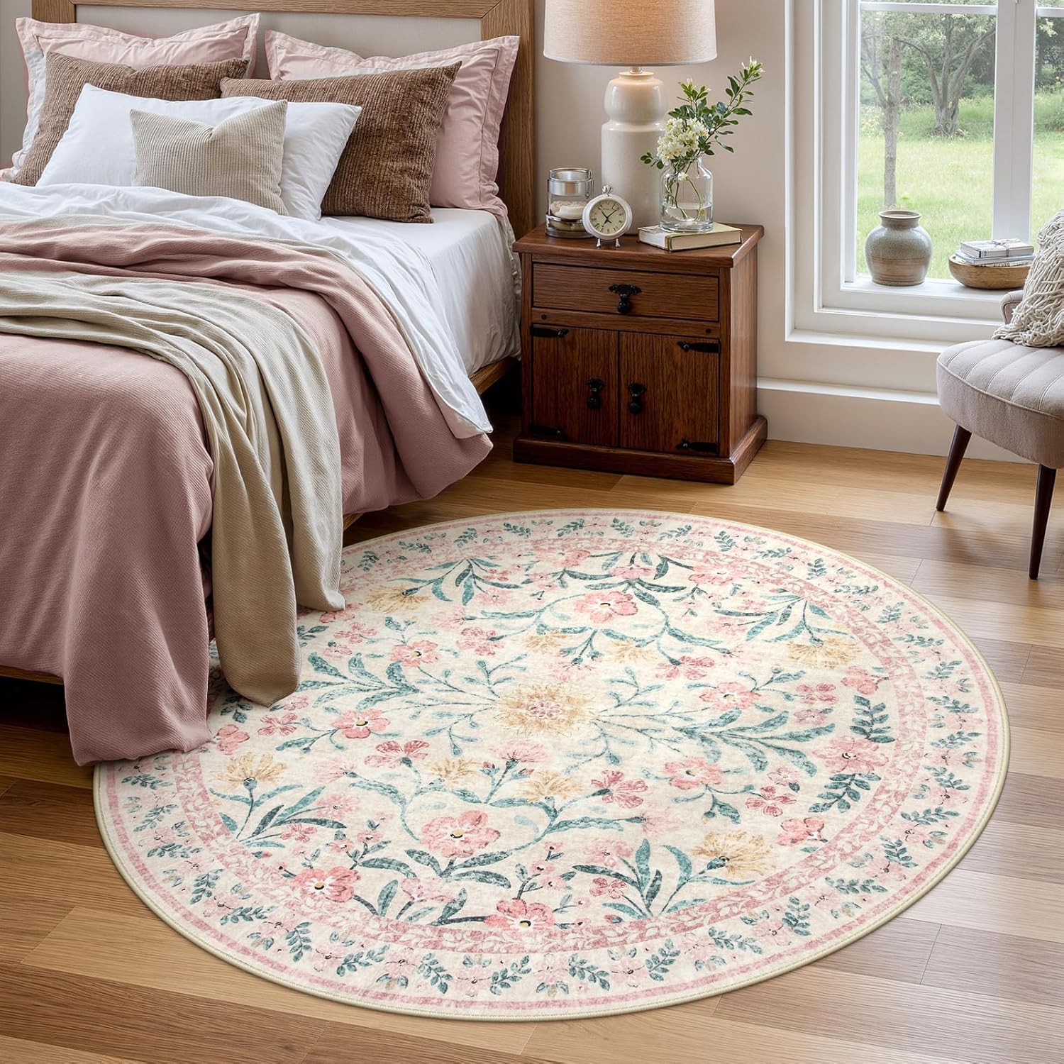 Wonnitar Pink Floral Round Rugs 5ft, Soft Circle Rug Non Slip Washable Round Carpet, Boho Non-Shedding Flower Distressed Circle Carpets for Bedroom Girls Room Nursery Wonnitar Pink Floral Round Rugs 5ft, Soft Circle Rug Non Slip Washable Round Carpet, Boho Non-Shedding Flower Distressed Circle Carpets for Bedroom Girls Room Nursery