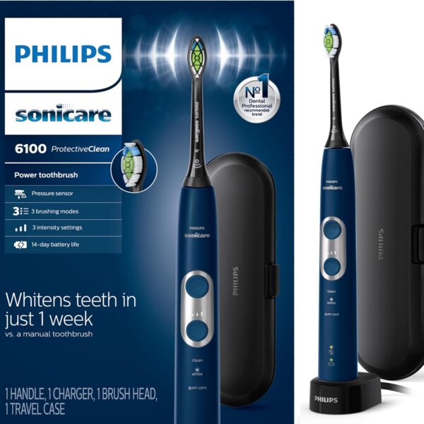 Philips Sonicare ProtectiveClean 6100 Rechargeable Electric Toothbrush, with Pressure Sensor, 3 Cleaning Modes, SmarTimer and QuadPacer, 14-Day Battery Life, Travel Case, Navy Blue, Model HX6871/49