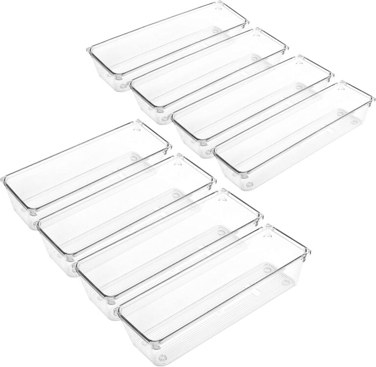 LotFancy 8 Pack Clear Plastic Drawer Organizers, 9.2''3''2'', Food Grade Storage Trays, Non-Slip Storage Bins for Kitchen Utensil, Silverware Cutlery, Bathroom, Office Desk, Makeup, Jewelry
