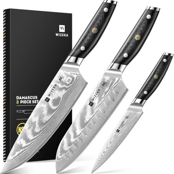 WIZEKA Damascus Chef Knife Set: 3 PCS,Super Sharp Kitchen Knives: Made of Japanese Steel VG10: Full Tang Professional Chef Knife Set With G10 Ergonomic Handle, Mothers Day