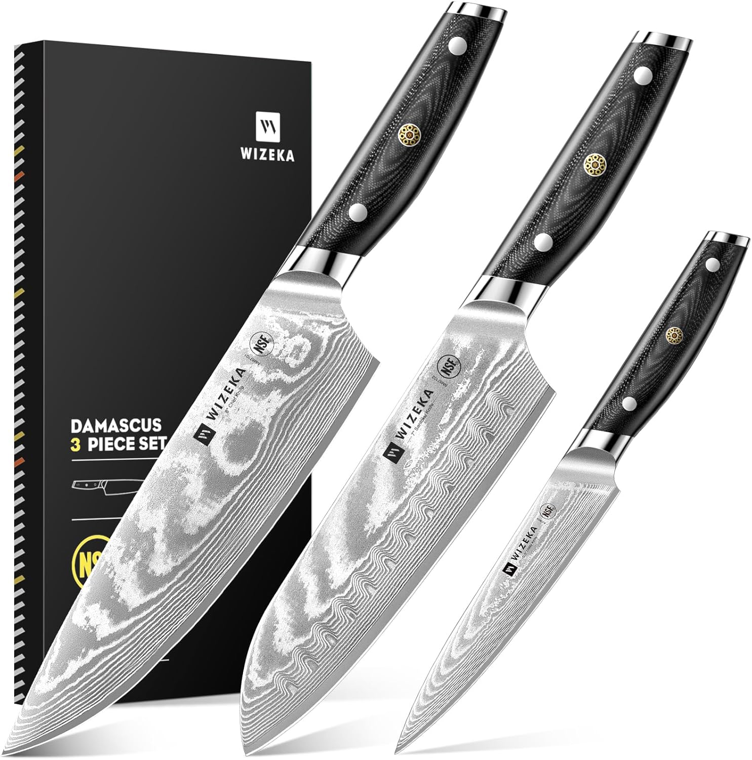 WIZEKA Damascus Chef Knife Set: 3 PCS,Super Sharp Kitchen Knives: Made of Japanese Steel VG10: Full Tang Professional Chef Knife Set With G10 Ergonomic Handle, Mothers Day WIZEKA Damascus Chef Knife Set: 3 PCS,Super Sharp Kitchen Knives: Made of Japanese Steel VG10: Full Tang Professional Chef Knife Set With G10 Ergonomic Handle, Mothers Day