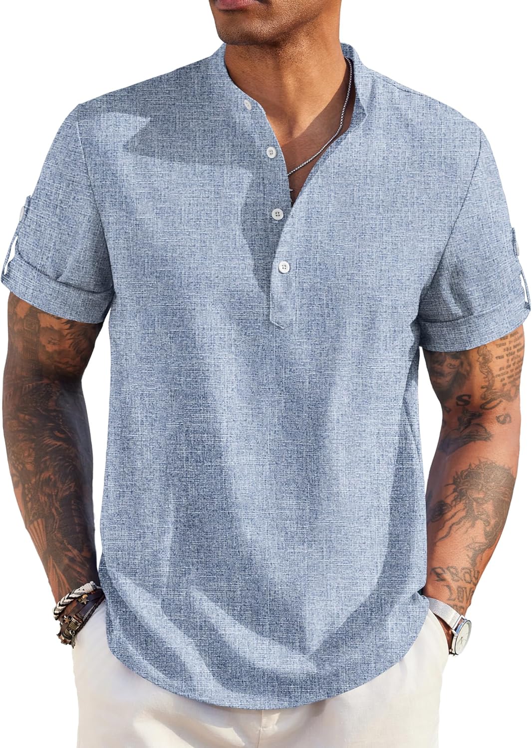 COOFANDY Men's Casual Henley Shirt Short Sleeve Band Collar Linen Shirt Summer Beach Hippie T-Shirts COOFANDY Men's Casual Henley Shirt Short Sleeve Band Collar Linen Shirt Summer Beach Hippie T-Shirts