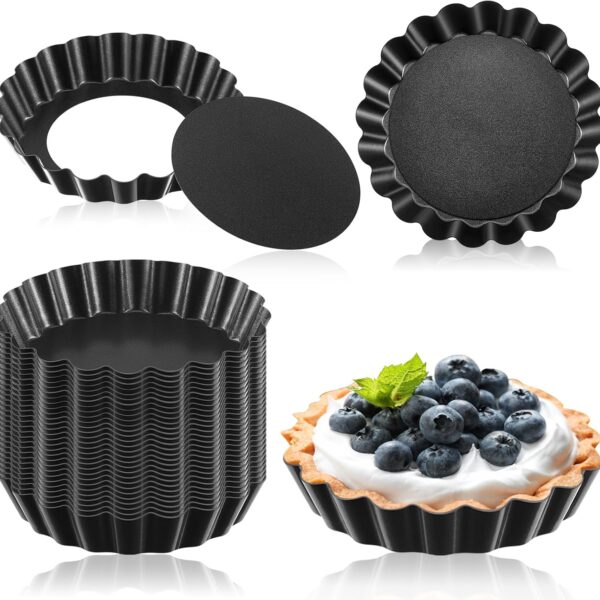 Uiifan 32 Pcs Mini Tart Pans Egg Tart Molds with Removable Bottom Round Nonstick Quiche Pan Mini Pie Pans Small Bakeware Mold Fluted Side for Mousse Cake Dessert Baking(3 Inch,Black Gray)