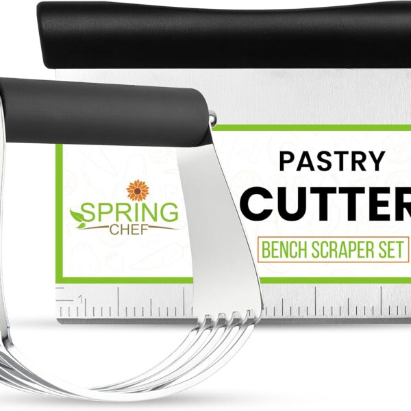 Spring Chef Dough Blender & Pastry Cutter Tool, Stainless Steel Pastry Blender & Bench Scraper for Pizza, Nut, Pie - Multipurpose Dough Cutter & Scraper Tool for Baking with Soft Grip Handles - Black