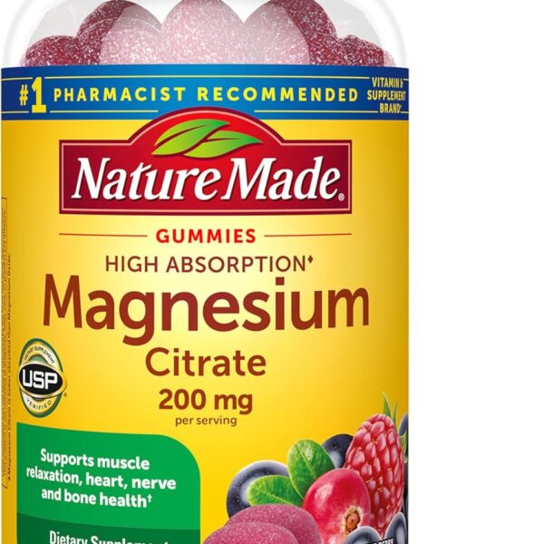 Nature Made High Absorption Magnesium Citrate 200 mg per serving, Magnesium Supplement for Muscle, Nerve, Bone and Heart Support, 60 Magnesium Gummies, 30 Day Supply
