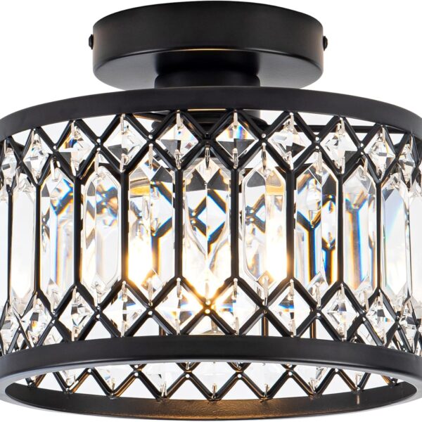 Rpzloila Crystal Ceiling Light Fixture, Modern Semi Flush Mount Ceiling Light,Crystal Chandelier for Kitchen Bedroom Bathroom Entryway Black (Bulb not Included)