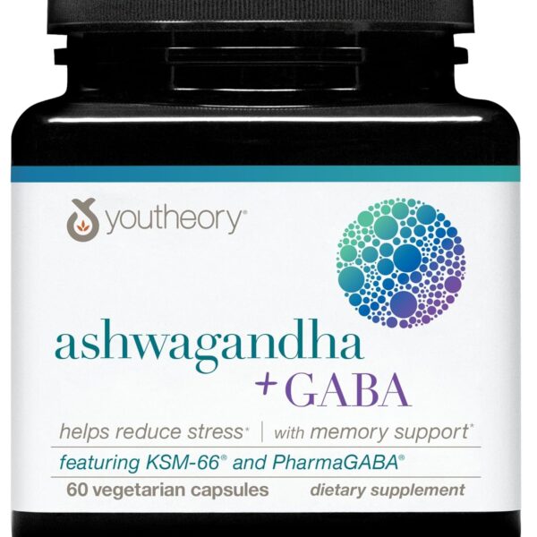 Youtheory Ashwagandha + GABA - Adaptogenic Blend with Organic KSM-66 & Ginger - Aids Stress Relief & Mood* - Supports Energy Levels* - 60 Vegetarian Capsules (30-Day Supply)*