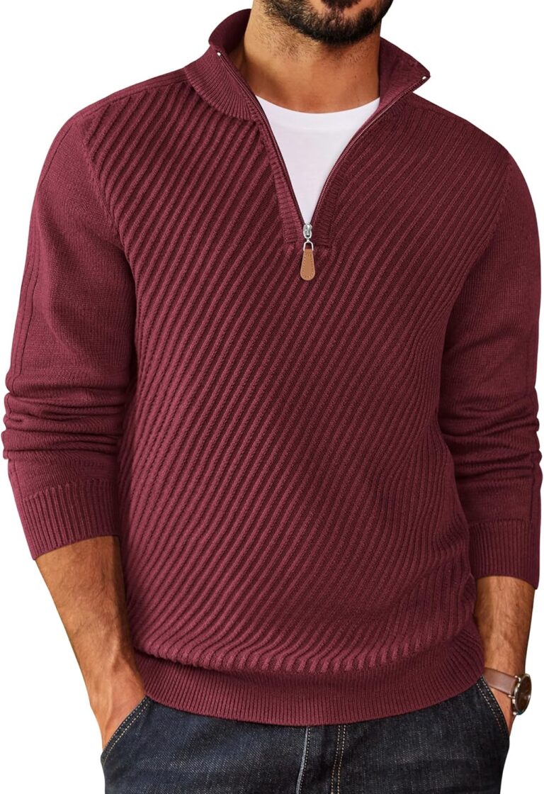 COOFANDY Mens Quarter Zip Sweater Casual Slim Fit Pullovers Sweaters Knit Twill Texture Pullover