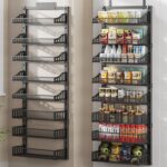 POKIPO 8-Tier Over the Door Pantry Organizer, Large Metal Door Spice Rack with Adjustable Basket, 2 in 1 Wall Mount or Hanging Heavy-Duty Pantry Door Storage Shelf for Kitchen and Bathroom, Black