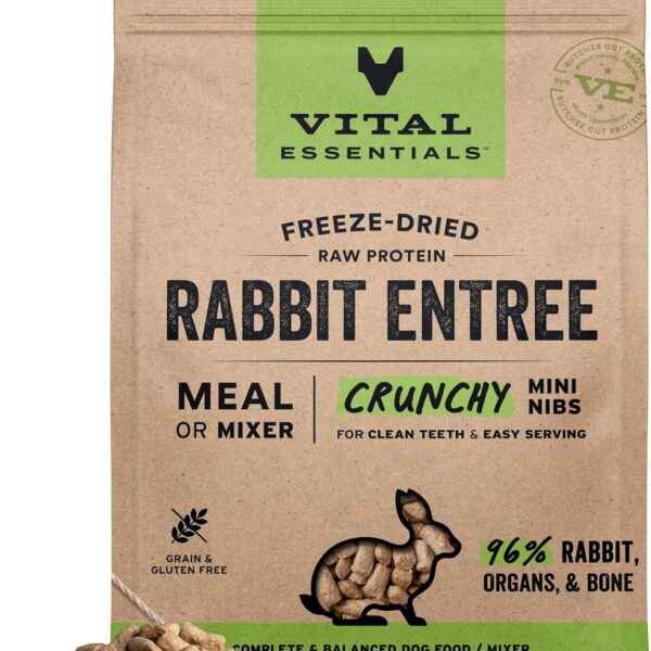 Vital Essentials Freeze Dried Dog Food, Raw Rabbit Crunchy Mini Nibs | Complete Meal or Topper | 96% Rabbit, Organs & Bone | Limited Ingredient, High Protein, Grain Free Dry Dog Food | 14 oz Bag