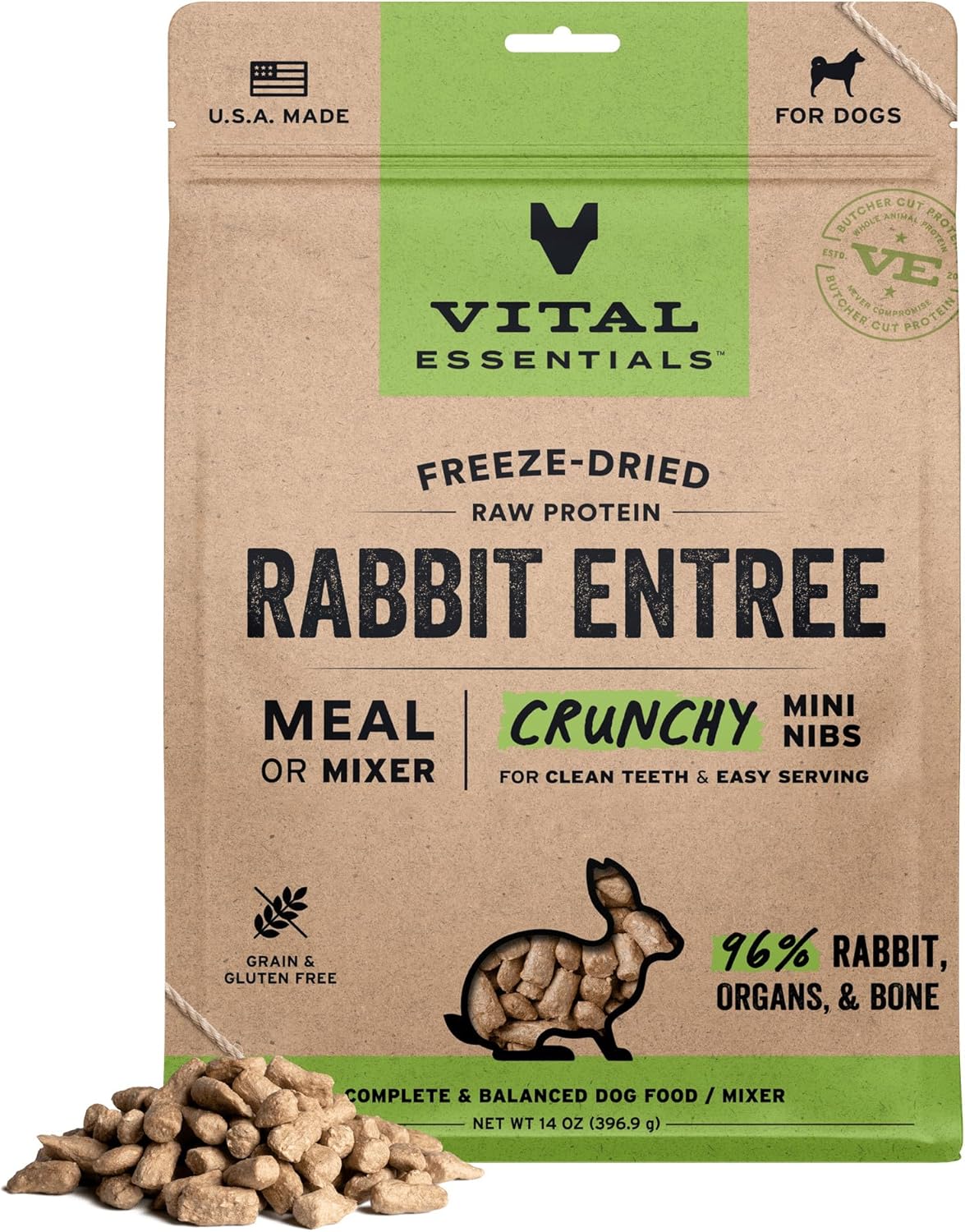Vital Essentials Freeze Dried Dog Food, Raw Rabbit Crunchy Mini Nibs | Complete Meal or Topper | 96% Rabbit, Organs & Bone | Limited Ingredient, High Protein, Grain Free Dry Dog Food | 14 oz Bag Vital Essentials Freeze Dried Dog Food, Raw Rabbit Crunchy Mini Nibs | Complete Meal or Topper | 96% Rabbit, Organs & Bone | Limited Ingredient, High Protein, Grain Free Dry Dog Food | 14 oz Bag