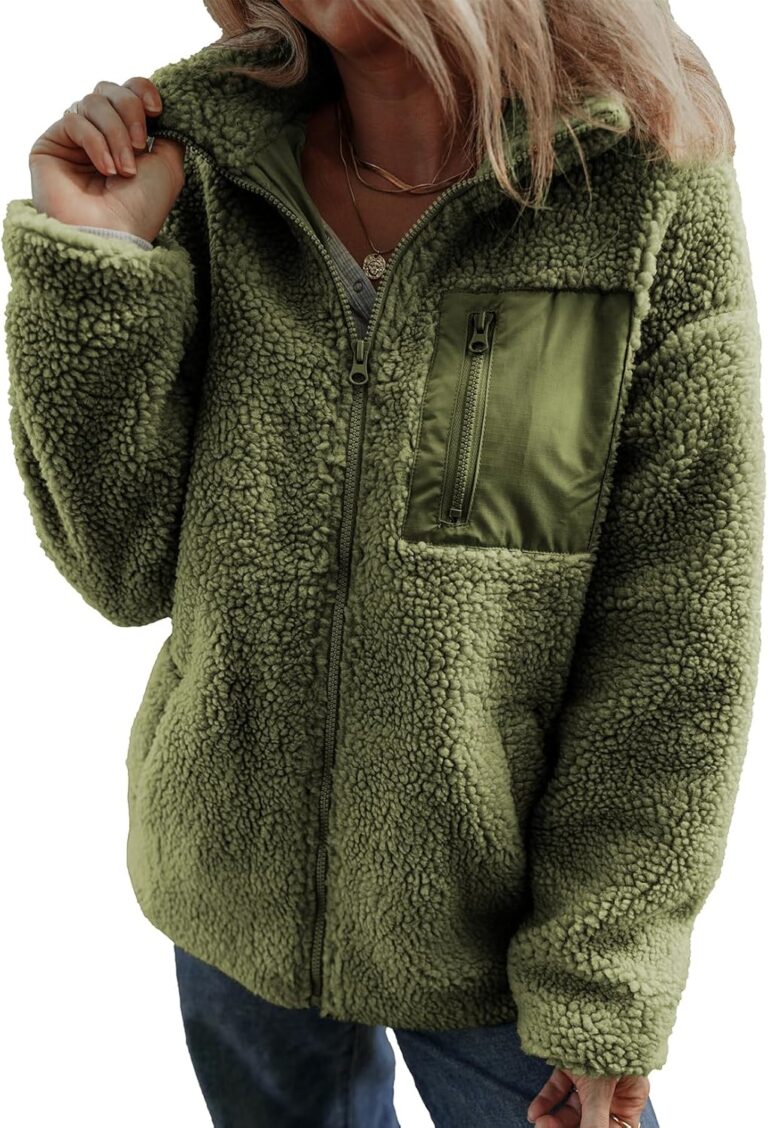 Dokotoo Womens Winter Trendy Full Zipper Fleece Jackets Long Sleeve Relaxed Warm Teddy Coats with Pockets