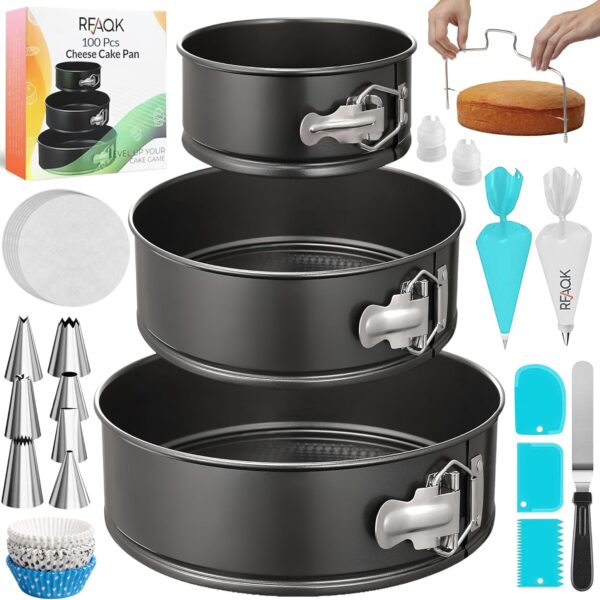RFAQK 100pcs Cake Pan Sets for Baking + Cake Decorating Supplies: 3 Non-Stick Springform Pans Set (4, 7, 9 inches), Icing Tips, Cake Leveler  Multi-functional Leak-Proof CheeseCake Pan & eBook