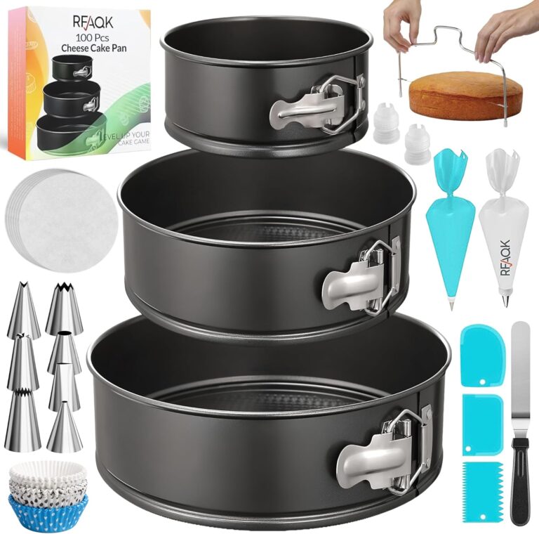 RFAQK 100pcs Cake Pan Sets for Baking + Cake Decorating Supplies: 3 Non-Stick Springform Pans Set (4, 7, 9 inches), Icing Tips, Cake Leveler  Multi-functional Leak-Proof CheeseCake Pan & eBook
