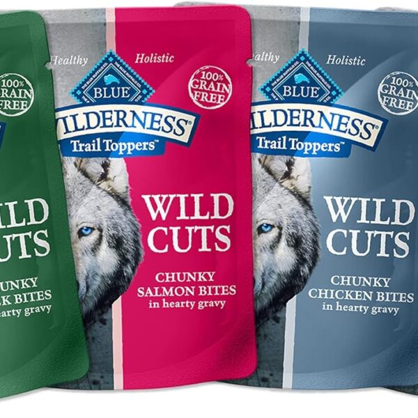 Blue Buffalo Wilderness Trail Toppers Wild Cuts High Protein, Natural Wet Dog Food Variety Pack, Beef, Salmon, Duck & Chicken, 3-oz Pouches, 24 Count