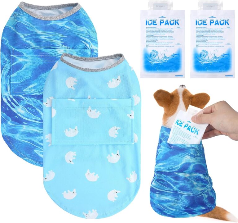 Huhumy 2 Pack Dog Cooling Shirts with 4 Pcs Ice Pack Cooling Vest Quick Dry Vest Dog Cooling Harness Summer Beach Hawaii Jacket Collar for Summer Outdoor Hiking Walking Sun Protection Breathable