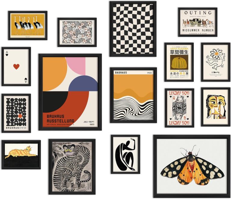 ANERZA 16 PCS Framed Eclectic Wall Art Decor, Modern Maximalist Wall Prints for Bedroom, Vintage Gallery Wall Frame Set, Bauhaus Funky Posters for Home Decor, Retro Abstract Dorm Collage Kit