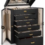 AKOZLIN Jewelry Box Organizer Functional Leather Jewelry Storage Case for Women Girls Ring Necklace Earring Bracelet Holder Organizer with Mirror Black