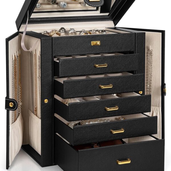 AKOZLIN Jewelry Box Organizer Functional Leather Jewelry Storage Case for Women Girls Ring Necklace Earring Bracelet Holder Organizer with Mirror Black