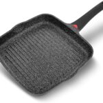11 Inch Non Stick Grill Pan Granite Coated with Pour Spout - Lightweight 2.66 Quart Grill Pan for Indoor Cooking with Grip Handle - Induction Compatible PFOA Free Stove Top (Black)