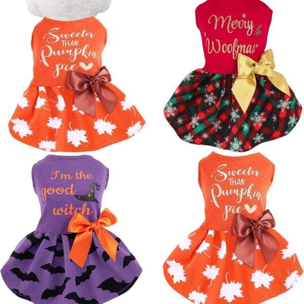 Abbylike 3 Pcs Seasonal Dog Outfits Christmas Halloween Thanksgiving Pet Costume Cotton Holiday Puppy Dress Lightweight Pet Apparel with Bowknot for Large Medium Cat Clothing, Small