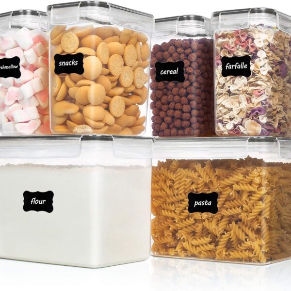 Vtopmart Airtight Food Storage Containers 6 Pieces - Plastic BPA Free Kitchen Pantry Storage Containers for Sugar,Flour and Baking Supplies - Dishwasher Safe - Include 24 Labels, Black