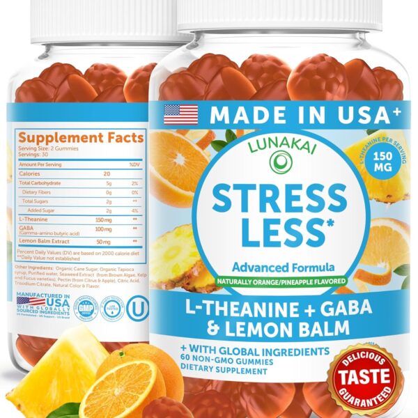 Lunakai USA Made Calm & Stress Relief Gummies  Delicious GABA + L-Theanine Calming Supplement for Adults & Kids  Natural Stress Support, 60ct