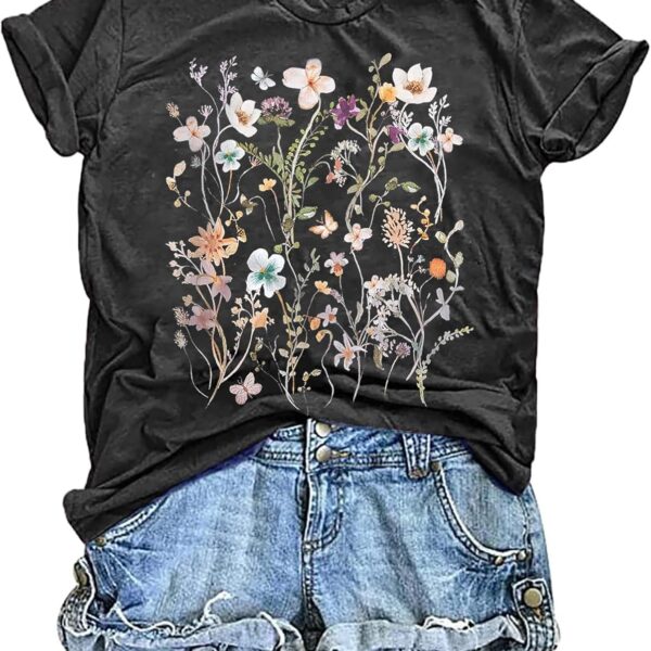 Women's Vintage Floral T Shirt Boho Wildflower Graphic Loose Tees Short Sleeve Casual Tops