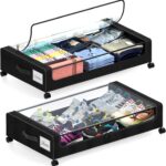 Under Bed Storage with Wheels, 2 Pack Under Bed Storage Containers with Clear Lids, XXL 65L Under Bed Storage Organizer, Rolling Under Bed Metal Drawer for Blanket, Clothes, Shoes (31 x 17 x 6.69 in)