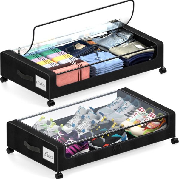 Under Bed Storage with Wheels, 2 Pack Under Bed Storage Containers with Clear Lids, XXL 65L Under Bed Storage Organizer, Rolling Under Bed Metal Drawer for Blanket, Clothes, Shoes (31 x 17 x 6.69 in)