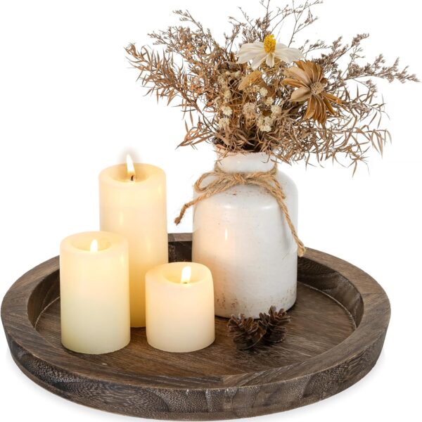 Romadedi Farmhouse Wooden Candle Tray - 11 Inch Round Decorative Trays for Coffee Table Dining Centerpiece Kitchen Counter Candle Holder Wood Trays for Christmas Rustic Home Decor