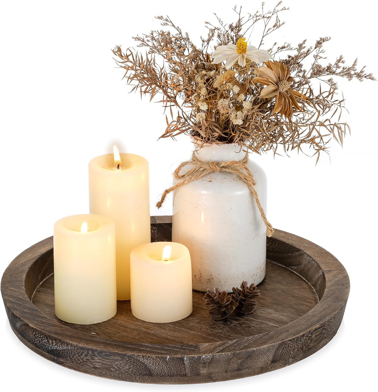 Romadedi Farmhouse Wooden Candle Tray - 11 Inch Round Decorative Trays for Coffee Table Dining Centerpiece Kitchen Counter Candle Holder Wood Trays for Christmas Rustic Home Decor Romadedi Farmhouse Wooden Candle Tray - 11 Inch Round Decorative Trays for Coffee Table Dining Centerpiece Kitchen Counter Candle Holder Wood Trays for Christmas Rustic Home Decor