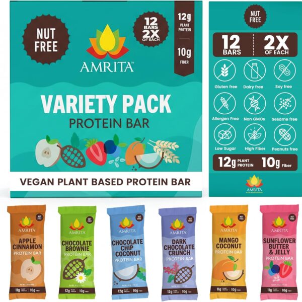 Amrita Nut Free Vegan Protein Bars Variety Pack (12 Bars, 6 Flavors) | 12g Plant Based Protein Bars | Peanut Free, Gluten Free, Dairy Free | Soy Free, Non-GMO | Low Sugar High Fiber