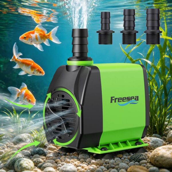 FREESEA 800gph Small Pond Pump: 45w Adjustable Flow Circulate 500-1200 Gal Pond 1-2 Times in 1.5 Hour - 3 Year Durable Operation Keep Water Fresh for Koi health