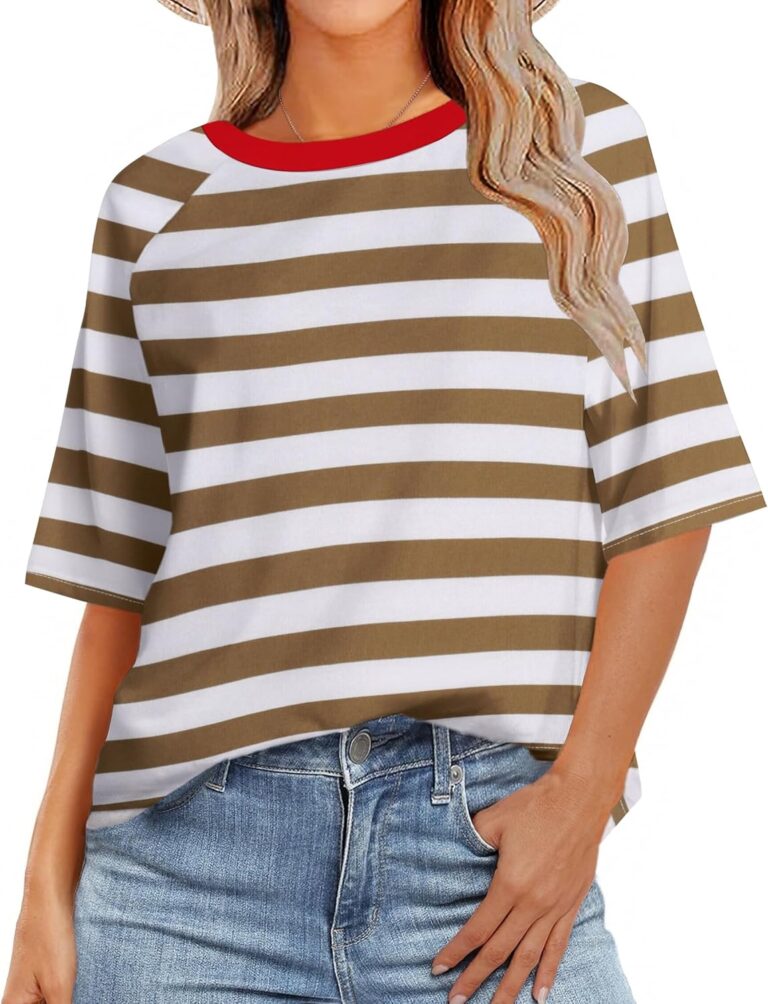 Zeagoo Womens T Shirts Summer Casual Oversized Crewneck Loose Fit Short Sleeve Striped Tops Fashion Comfy Basic Tee Blouses