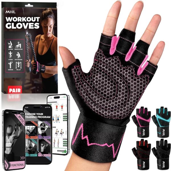 MhIL Workout Gloves for Women  Breathable Gym Gloves for Women with Palm Protection and Enhanced Grip  Padded Weight Lifting Glove for Womens with Wrist Wraps Support Weightlifting Exercise Cycling