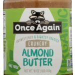 Once Again Organic Crunchy Almond Butter, 16oz - Lightly Toasted - Salt Free, Unsweetened - USDA Organic, Gluten Free Certified, Peanut Free, Vegan, Kosher, Paleo - Glass Jar