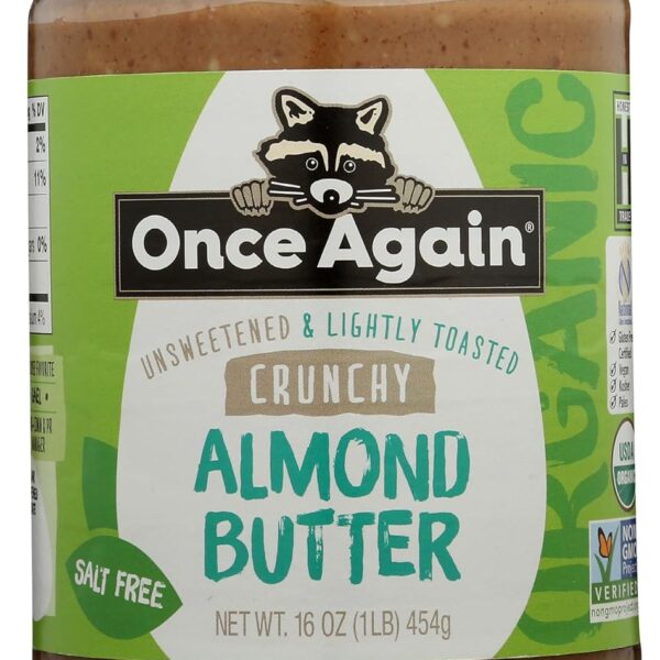 Once Again Organic Crunchy Almond Butter, 16oz - Lightly Toasted - Salt Free, Unsweetened - USDA Organic, Gluten Free Certified, Peanut Free, Vegan, Kosher, Paleo - Glass Jar