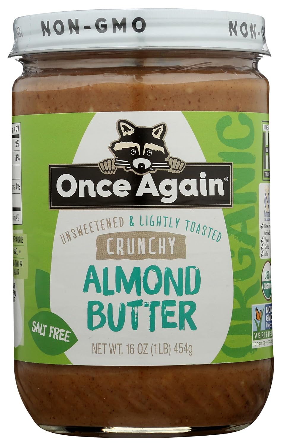 Once Again Organic Crunchy Almond Butter, 16oz - Lightly Toasted - Salt Free, Unsweetened - USDA Organic, Gluten Free Certified, Peanut Free, Vegan, Kosher, Paleo - Glass Jar Once Again Organic Crunchy Almond Butter, 16oz - Lightly Toasted - Salt Free, Unsweetened - USDA Organic, Gluten Free Certified, Peanut Free, Vegan, Kosher, Paleo - Glass Jar