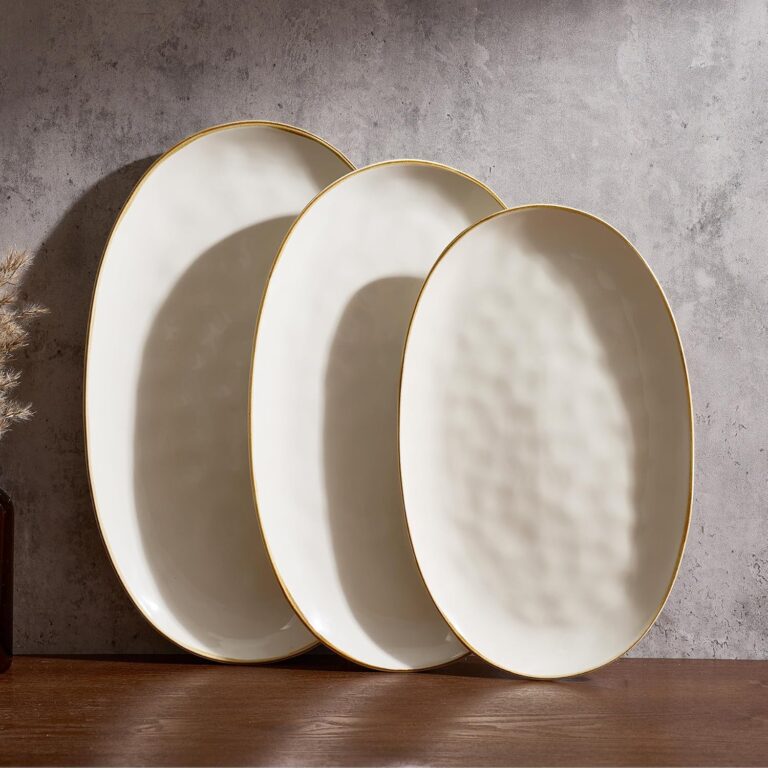 famiware Serving Platter, Oval 15.59/14.3/12.9inch Serving Dishes for Entertaining, Serving Bowls, Microwave Safe, Stoneware Serving Trays for Party, Food, Turkey, Cheese, Ocean Series, Vanilla White