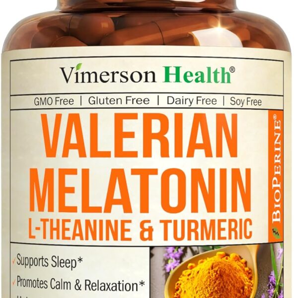 Valerian Root for Sleep  Melatonin 3mg Sleep Aid with L-Theanine  Organic Turmeric Curcumin Supplement with Ginger & Black Pepper for Daily Calm and Stress Relief Support  60 Capsules