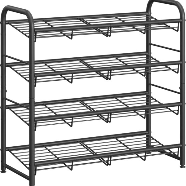 SONGMICS Stackable Shoe Rack, 4 Tier Metal Shoes Rack Storage Shelf, Holds up to 16 Pairs Shoes, Adjustable Slanted Shelves Shoe Tower Organizer for Closet Entryway Small Spaces, Black